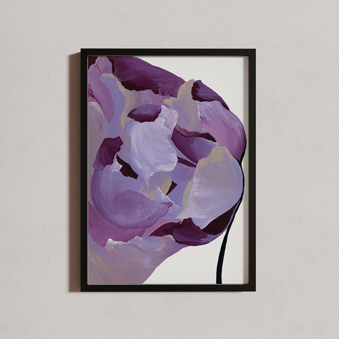 Empire framed print of purple tones flowers on white wall, perfect for eclectic interiors.