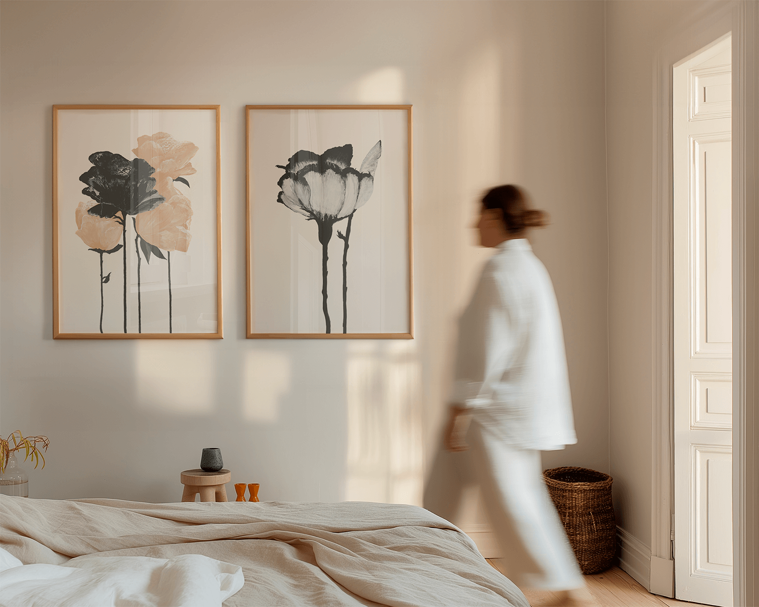 Parisian Bedroom with 2 art prints Minimalist and Serenity