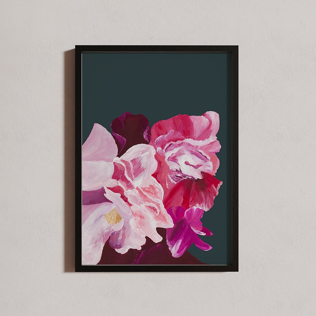 Balanced premium art print featuring pink flowers framed on a wall.