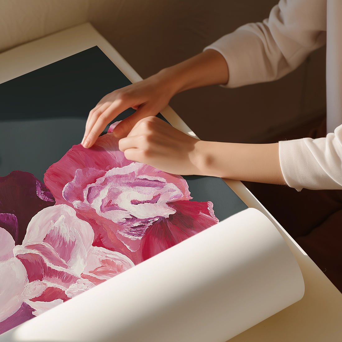 Woman painting flowers for Balanced fine art print collection.