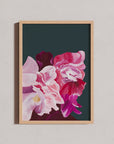 Premium art print of pink flowers on dark green, ’Balanced’