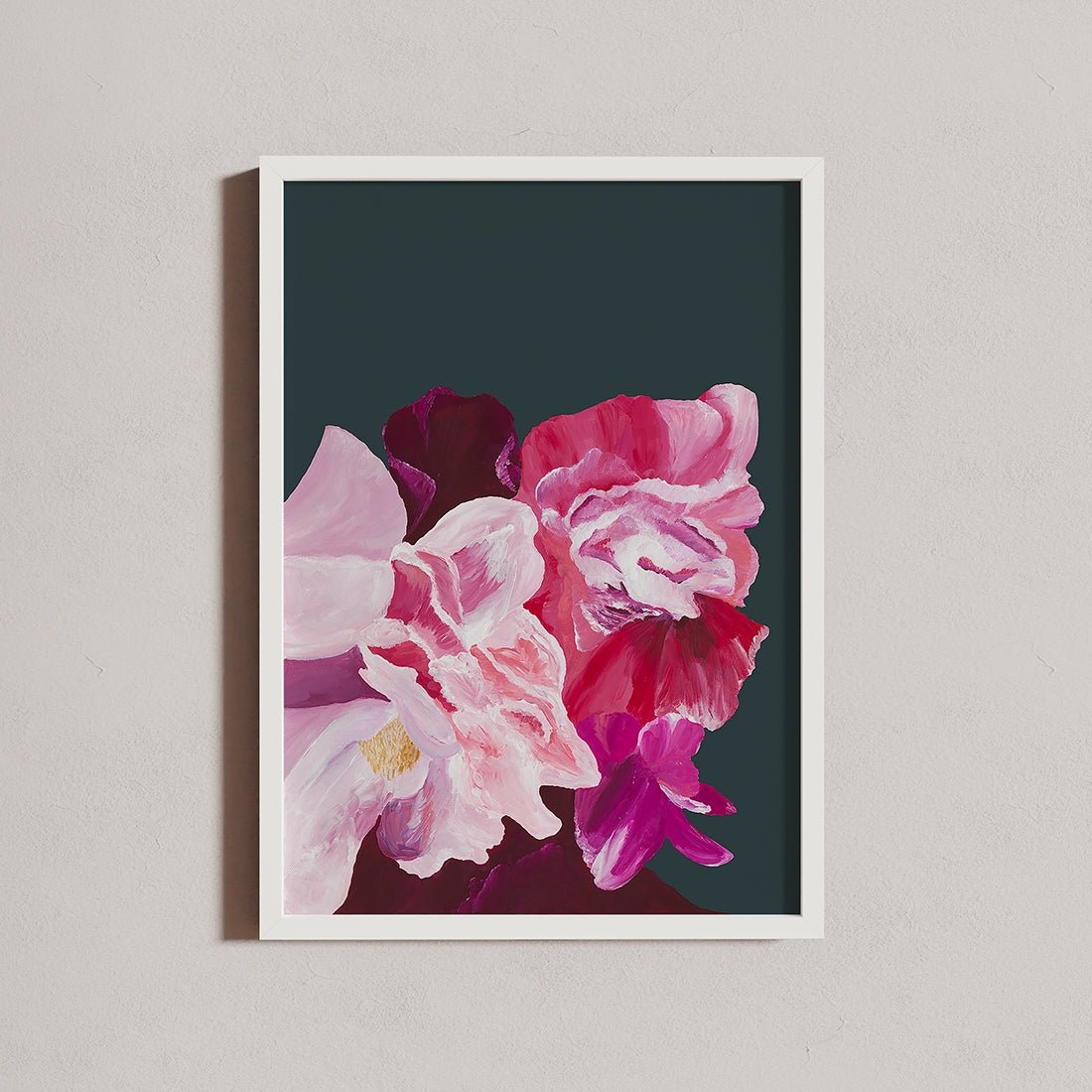 Balanced premium art print with pink and green floral design on wall